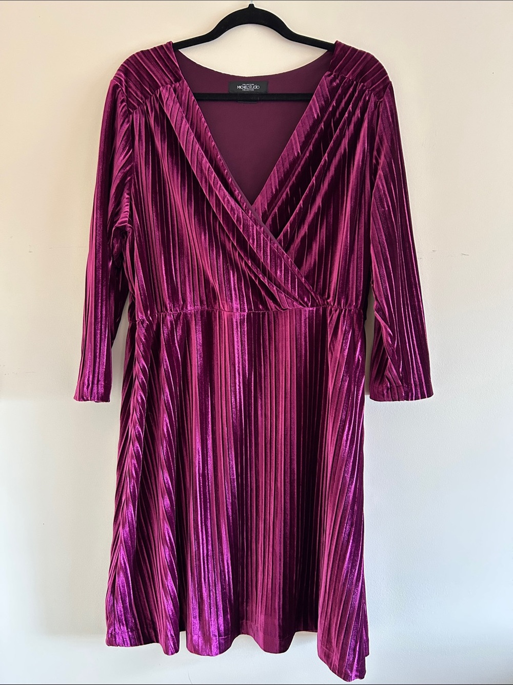 Michel Studio Magenta Velvet Pleated Faux Wrap Midi Dress, Size 2X